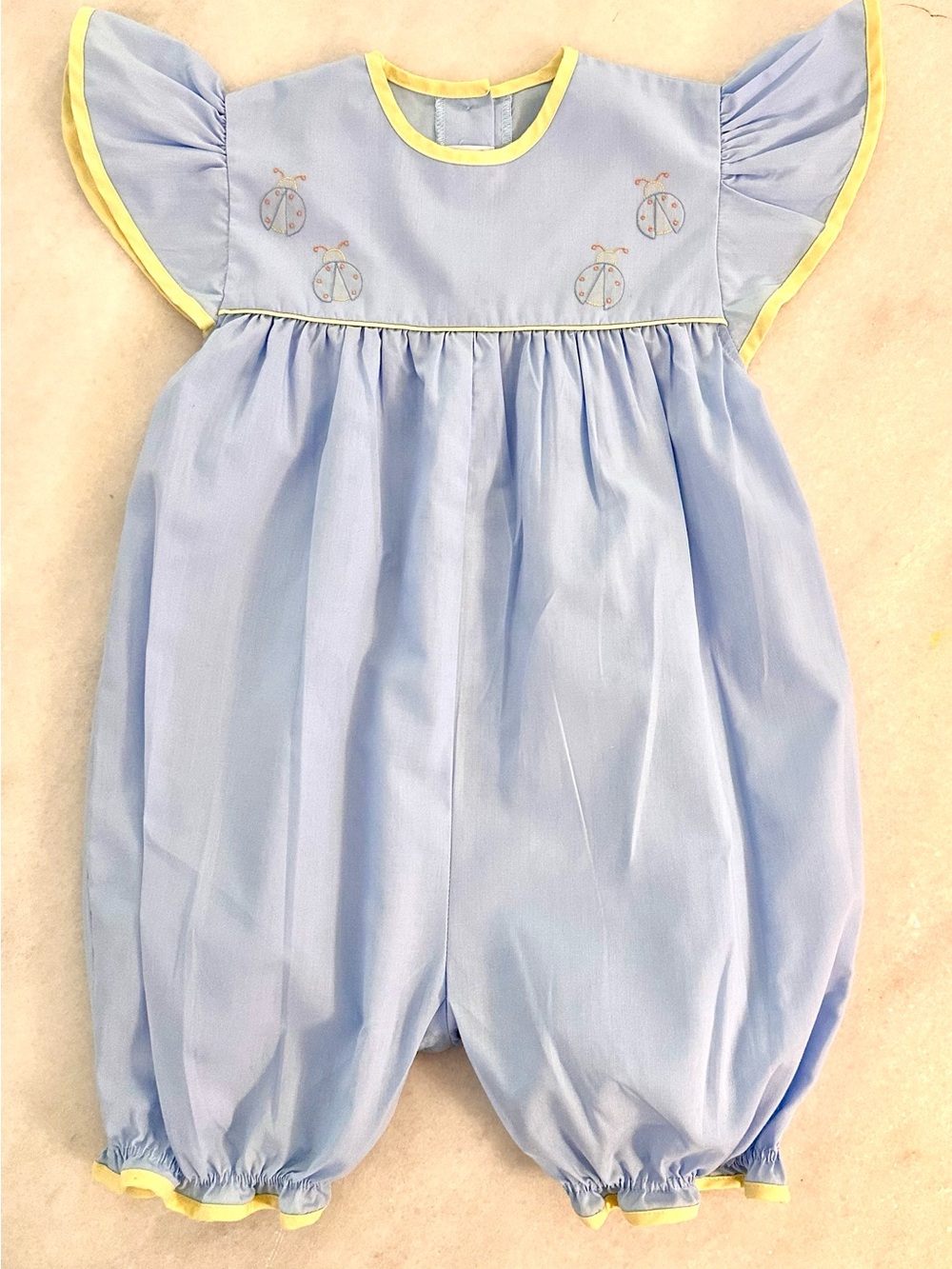 Auraluz Light Blue Ladybug Embroidered One-Piece Romper - Yellow Trim